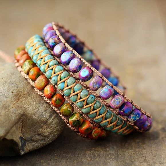 Sea Sediment Bohemian 3 Strand Colorful Boho Handmade Wrap Healing Yoga Bracelet - Picture 3 of 3